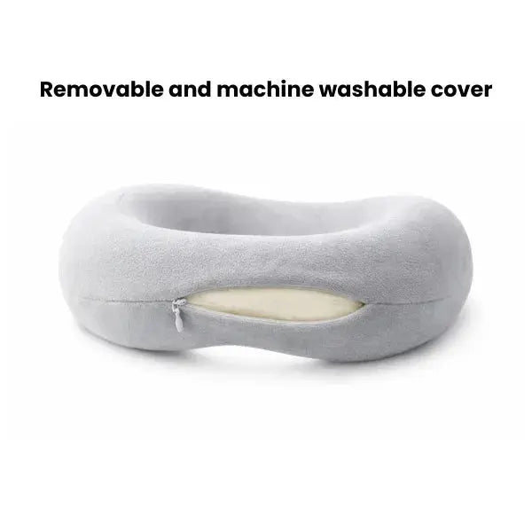 Gray ergonomic neck pillow with removable, machine washable cover and memory foam core