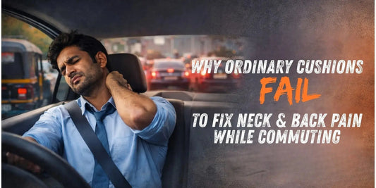 Man in car with neck pain stuck in traffic, text highlighting issues with regular seat cushions