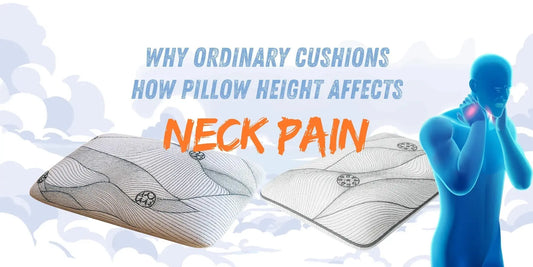 Two ergonomic pillows with contour designs illustrating neck pain relief, next to a blue figure holding neck.