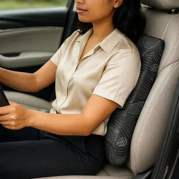 Woman driving car with ergonomic memory foam back cushion for lumbar support