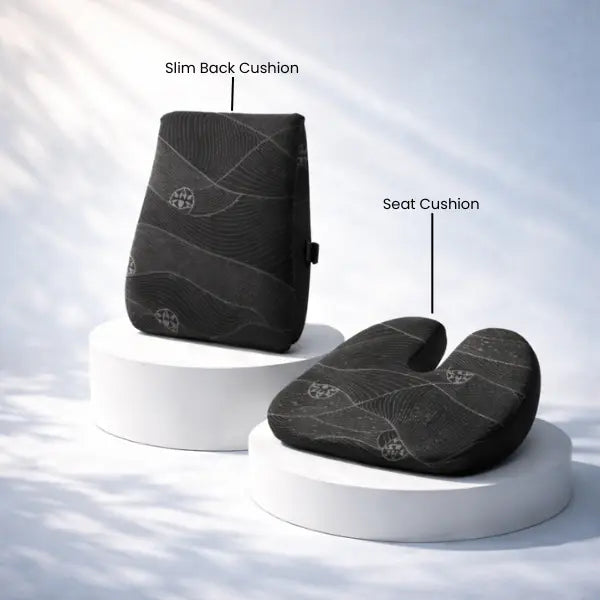 Ergonomic slim back cushion and U-shaped seat cushion for posture support on display