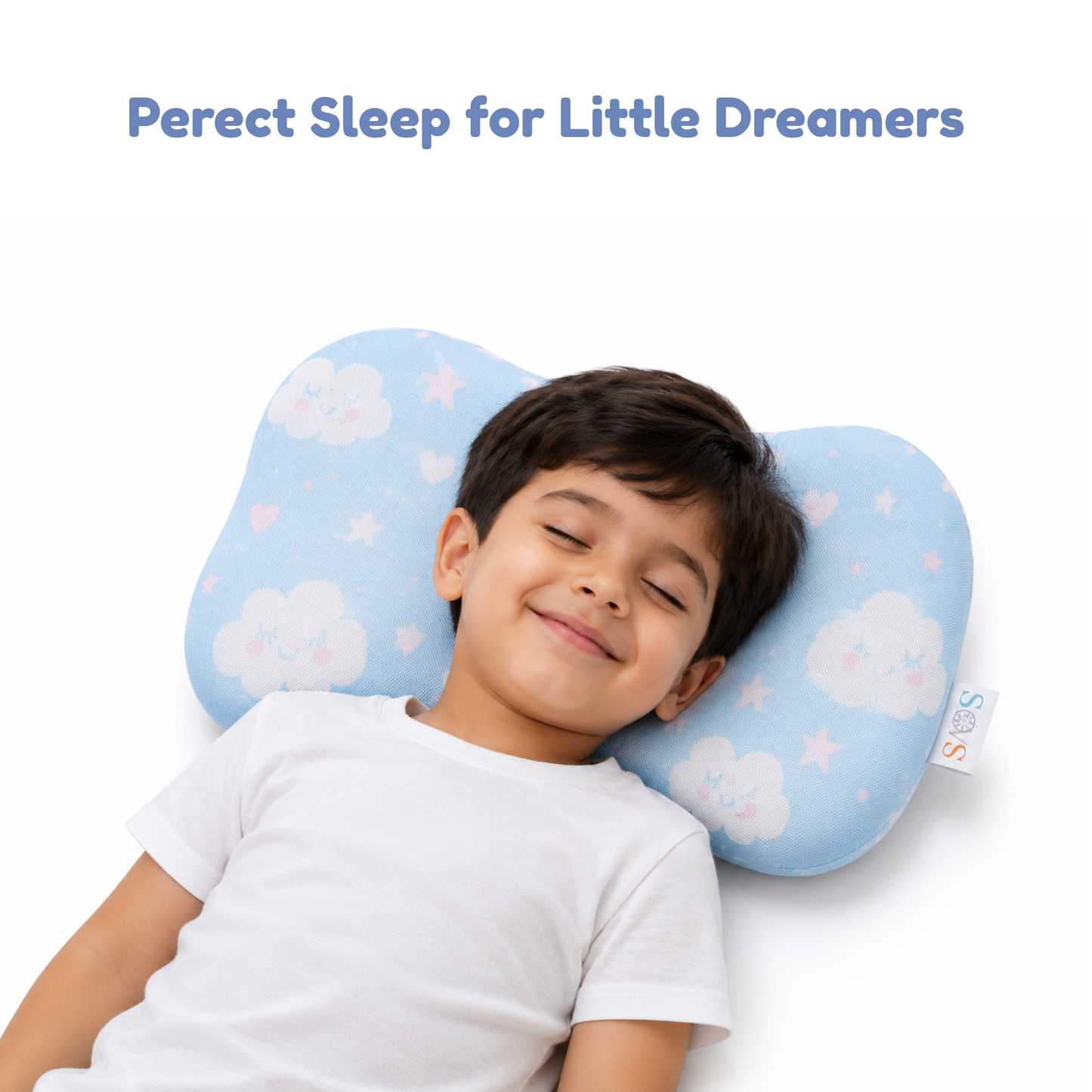 Boy smiling on Sove Blue Clouds and Stars kids memory foam pillow