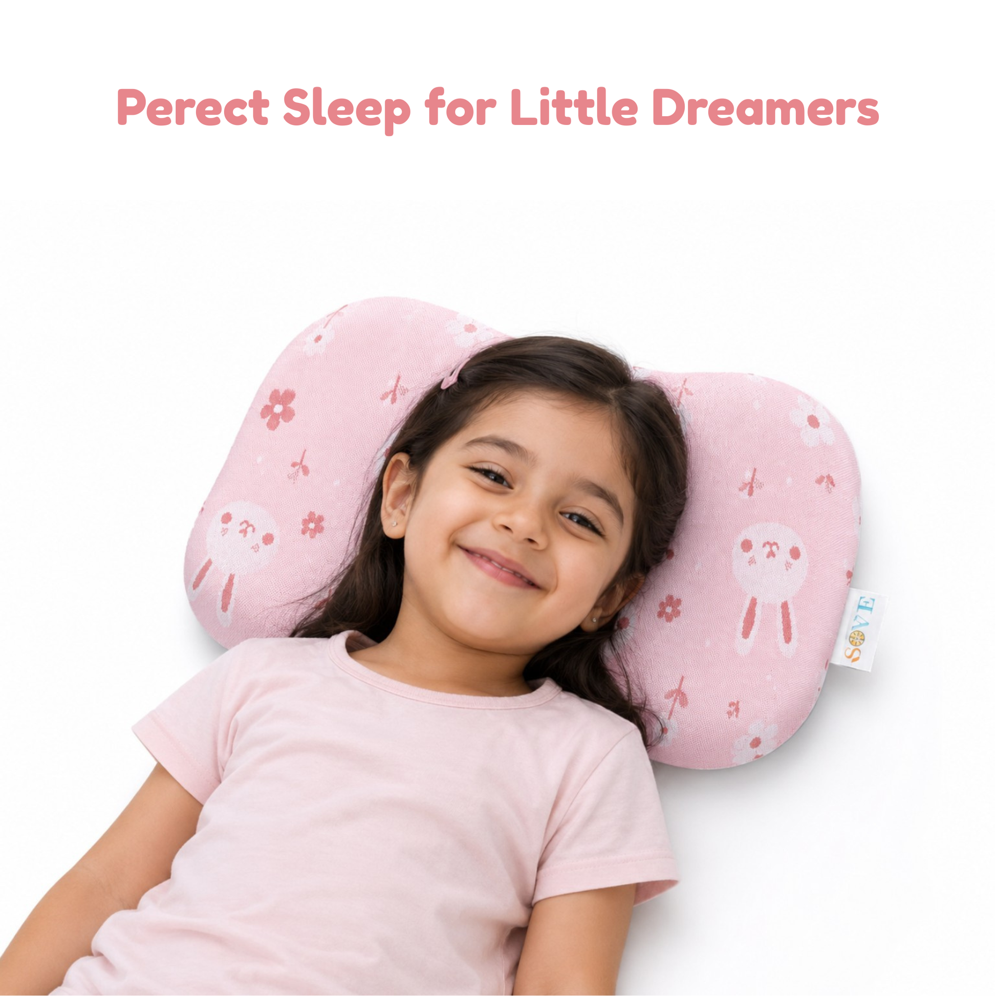 Girl smiling on Sove Pink Bunny and Floral kids memory foam pillow