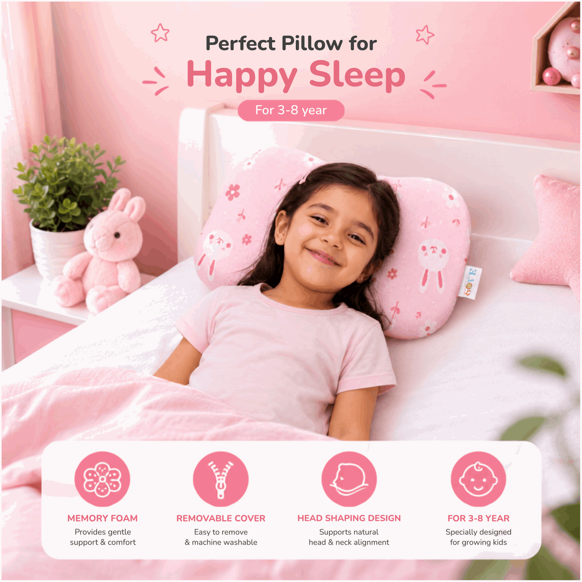 Perfect Pillow for Happy Sleep - Sove Pink kids pillow feature infographic