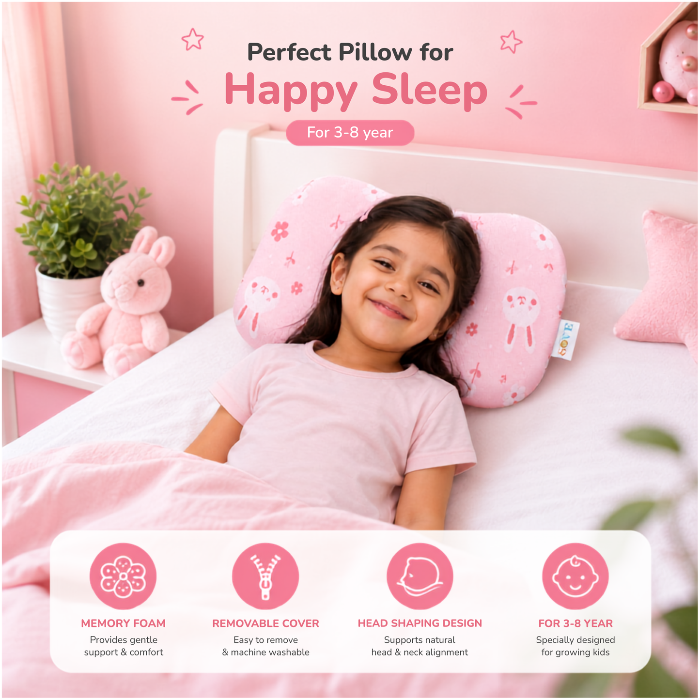 Perfect Pillow for Happy Sleep - Sove Pink kids pillow feature infographic