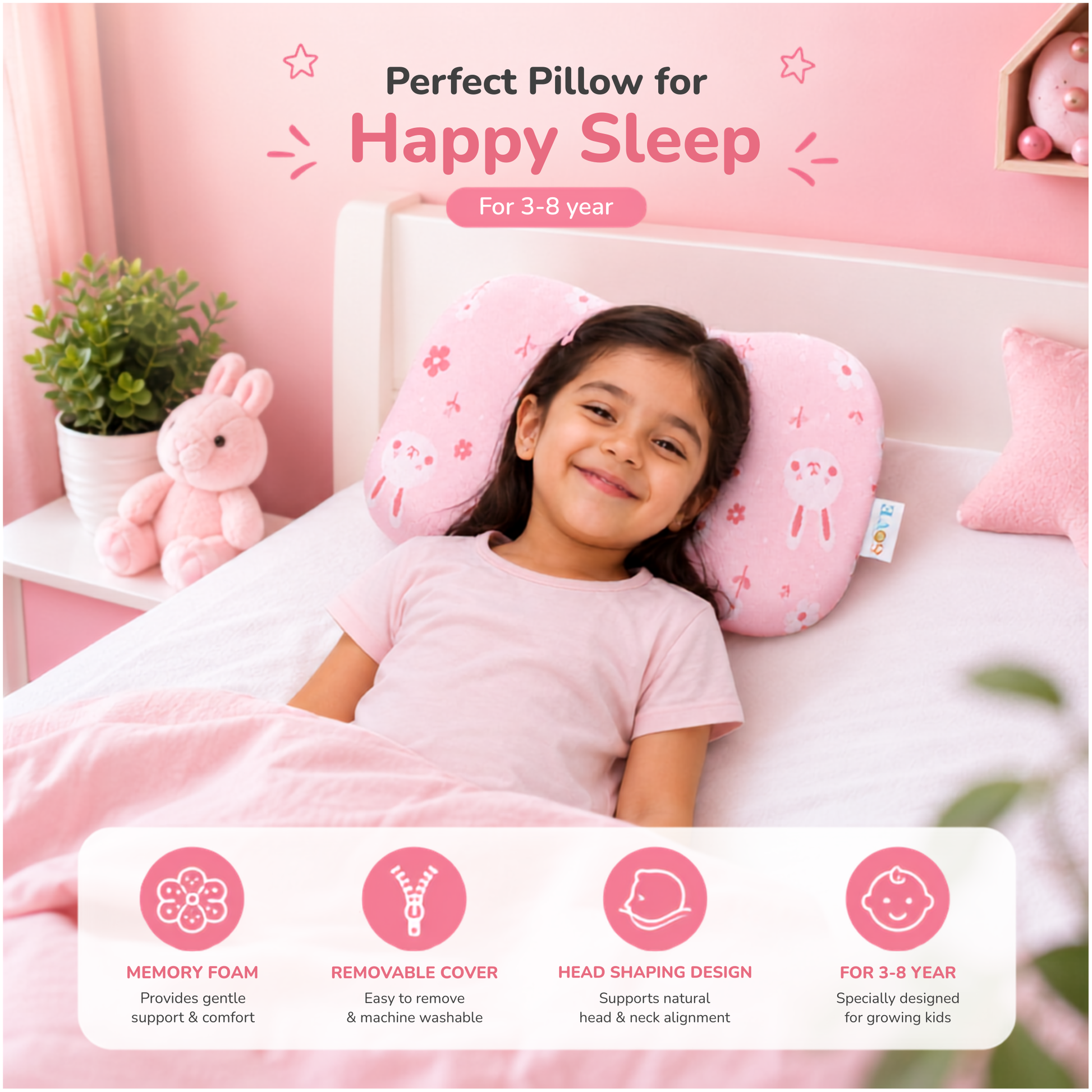 Perfect Pillow for Happy Sleep - Sove Pink kids pillow feature infographic