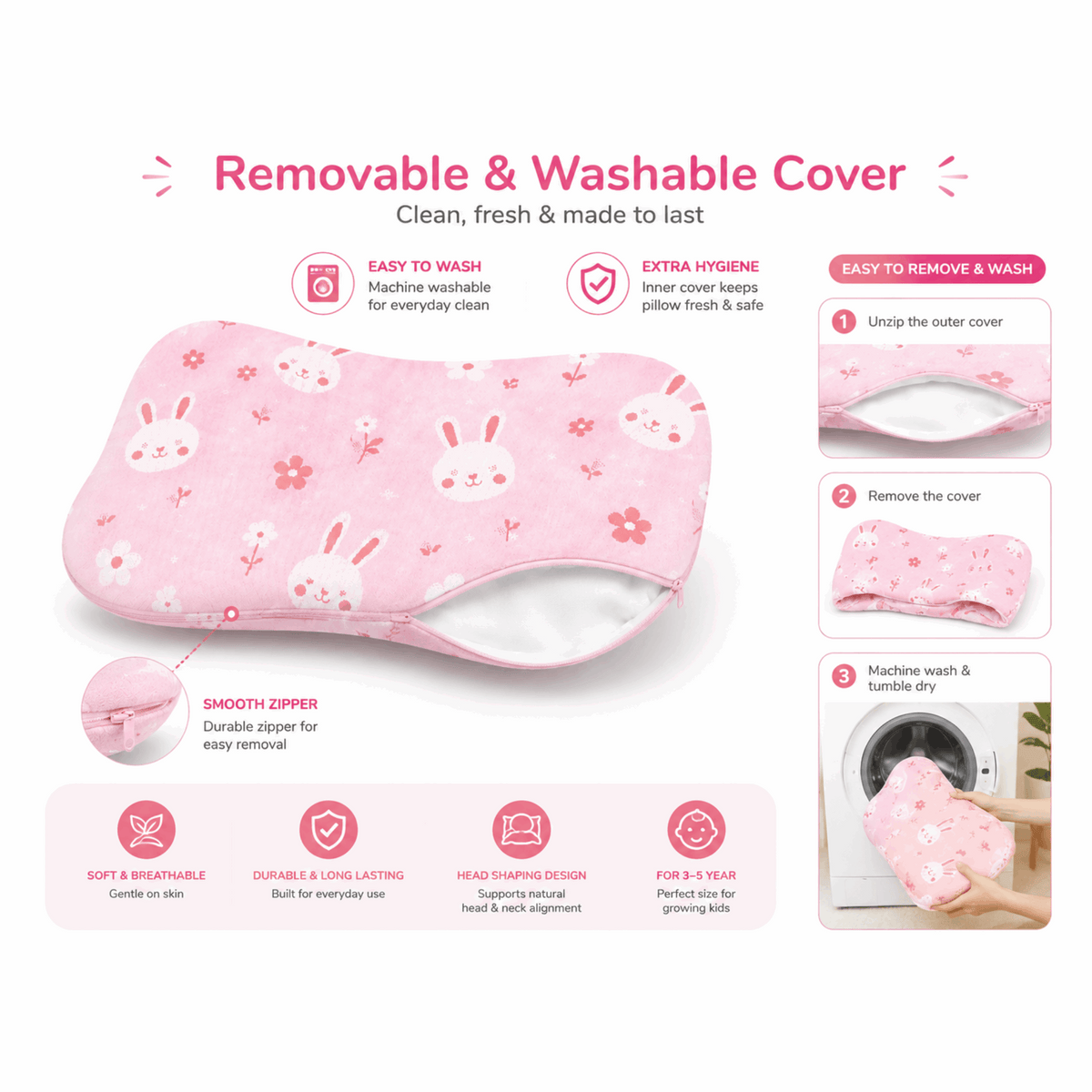 Removable and Washable Cover - Sove Pink kids pillow care instructions infographic