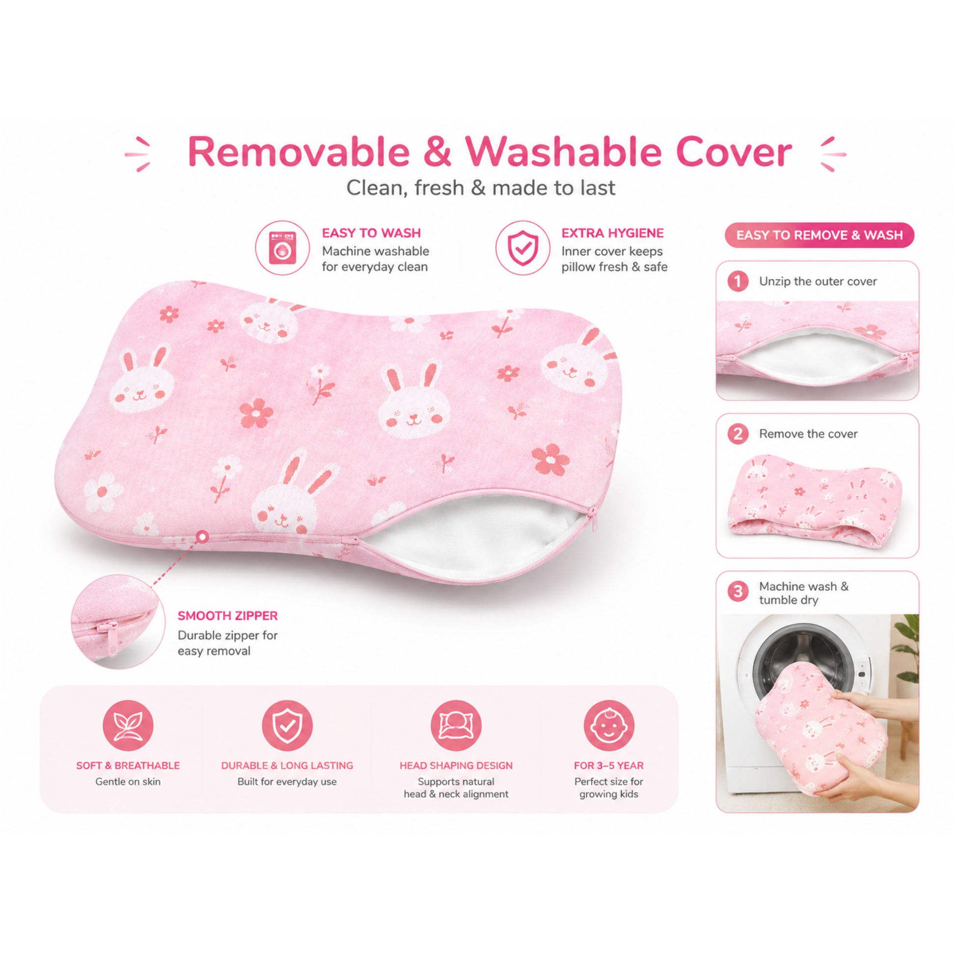 Removable and Washable Cover - Sove Pink kids pillow care instructions infographic