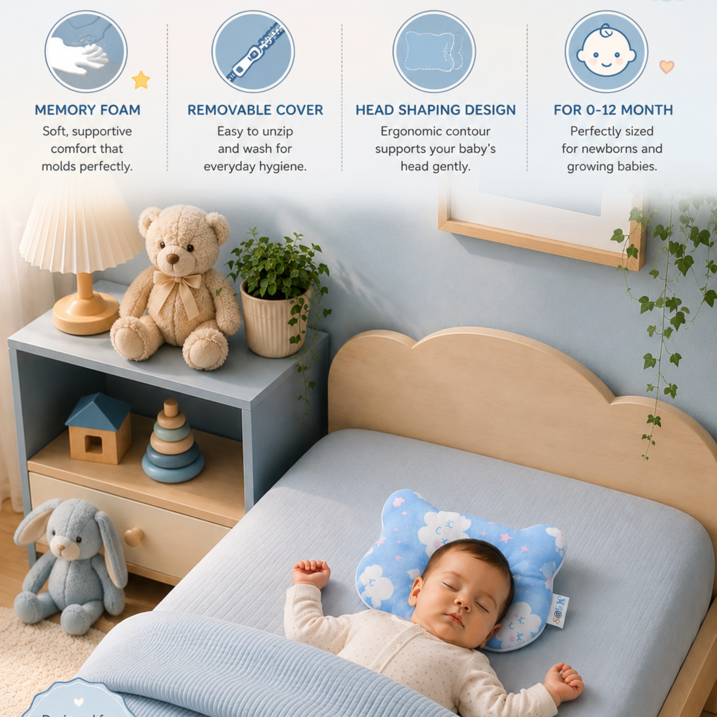 Sove baby head shaping pillow removable and washable 3-layer cover, Blue Clouds print
