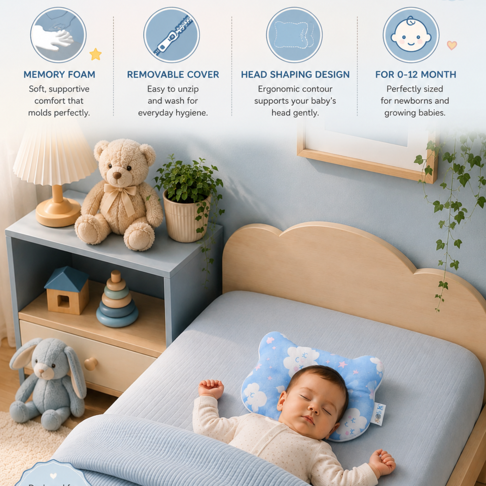 Sove baby head shaping pillow removable and washable 3-layer cover, Blue Clouds print
