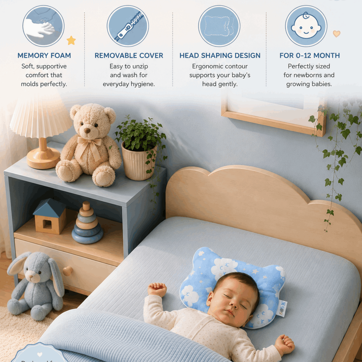 Sove baby head shaping pillow removable and washable 3-layer cover, Blue Clouds print