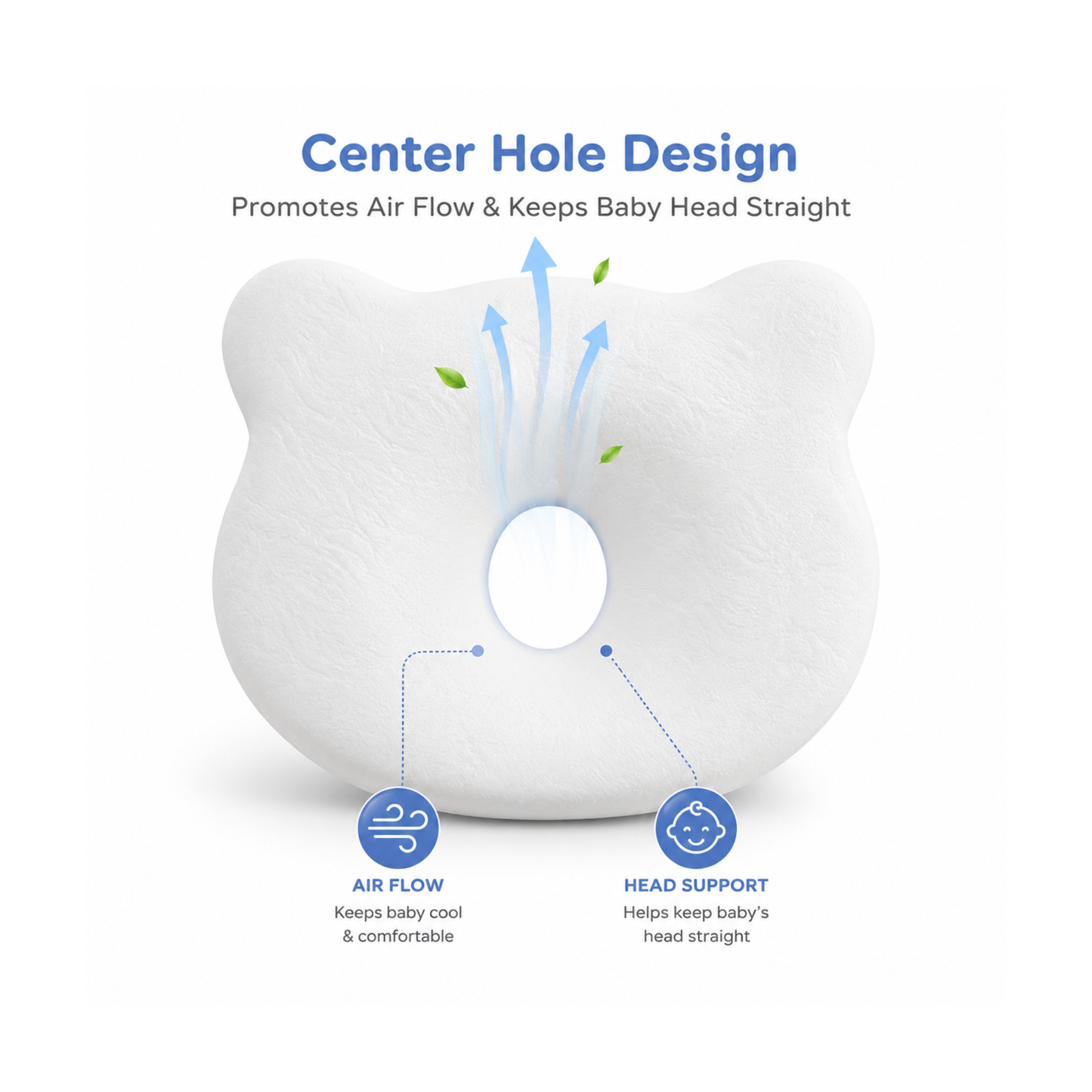 Center hole design promotes airflow and keeps baby head straight - Sove baby pillow