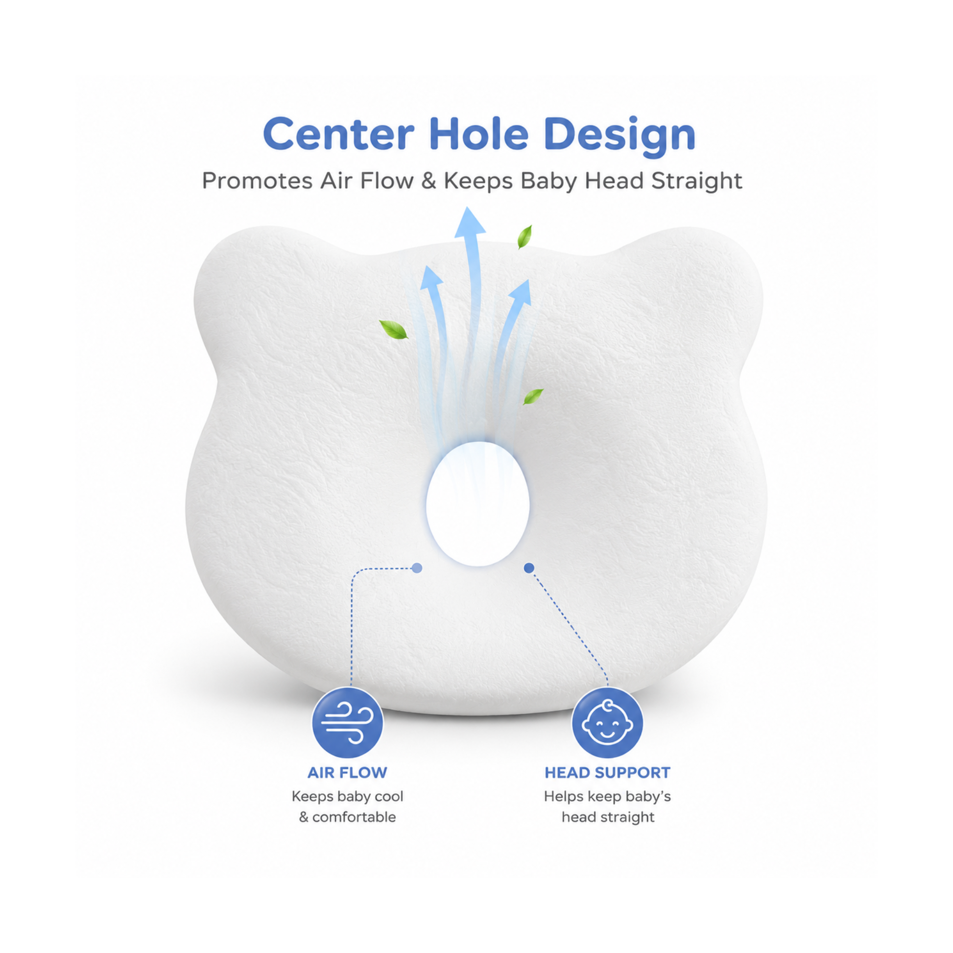 Center hole design promotes airflow and keeps baby head straight - Sove baby pillow