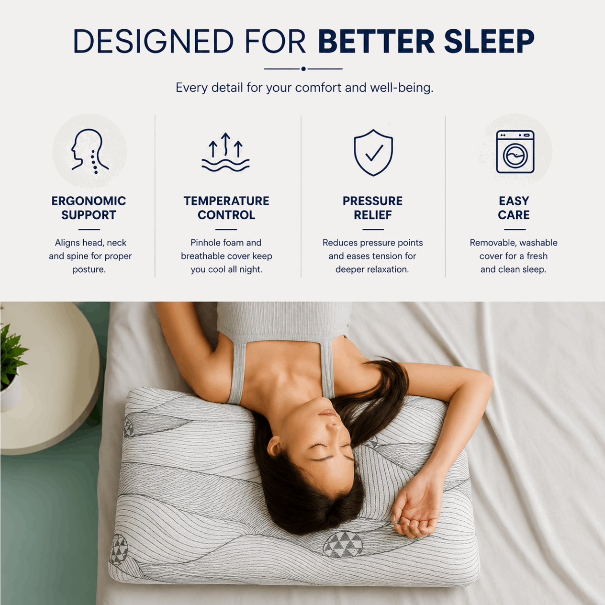 SOVE Deep Sleep Memory Foam Pillow removable washable cover