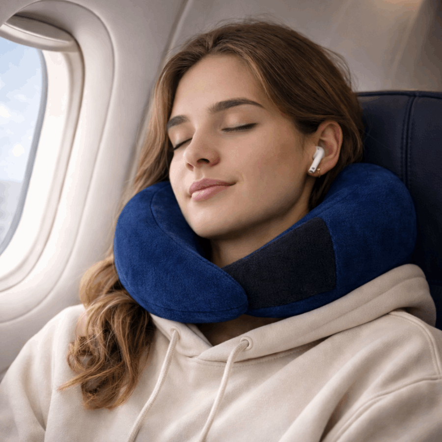 Woman using a neck pillow on an airplane