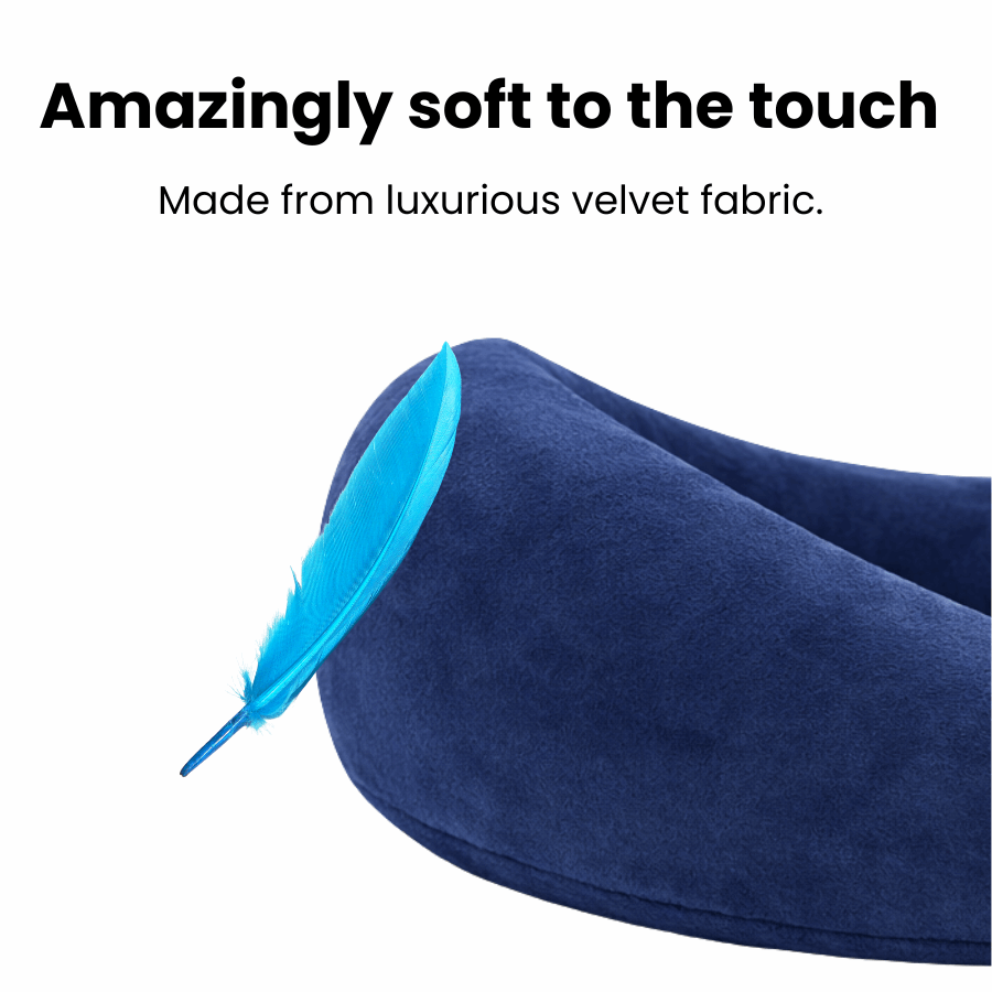 Blue velvet pillow with a blue feather on a white background, text 'Amazingly soft to the touch' and 'Made from luxurious velvet fabric'.