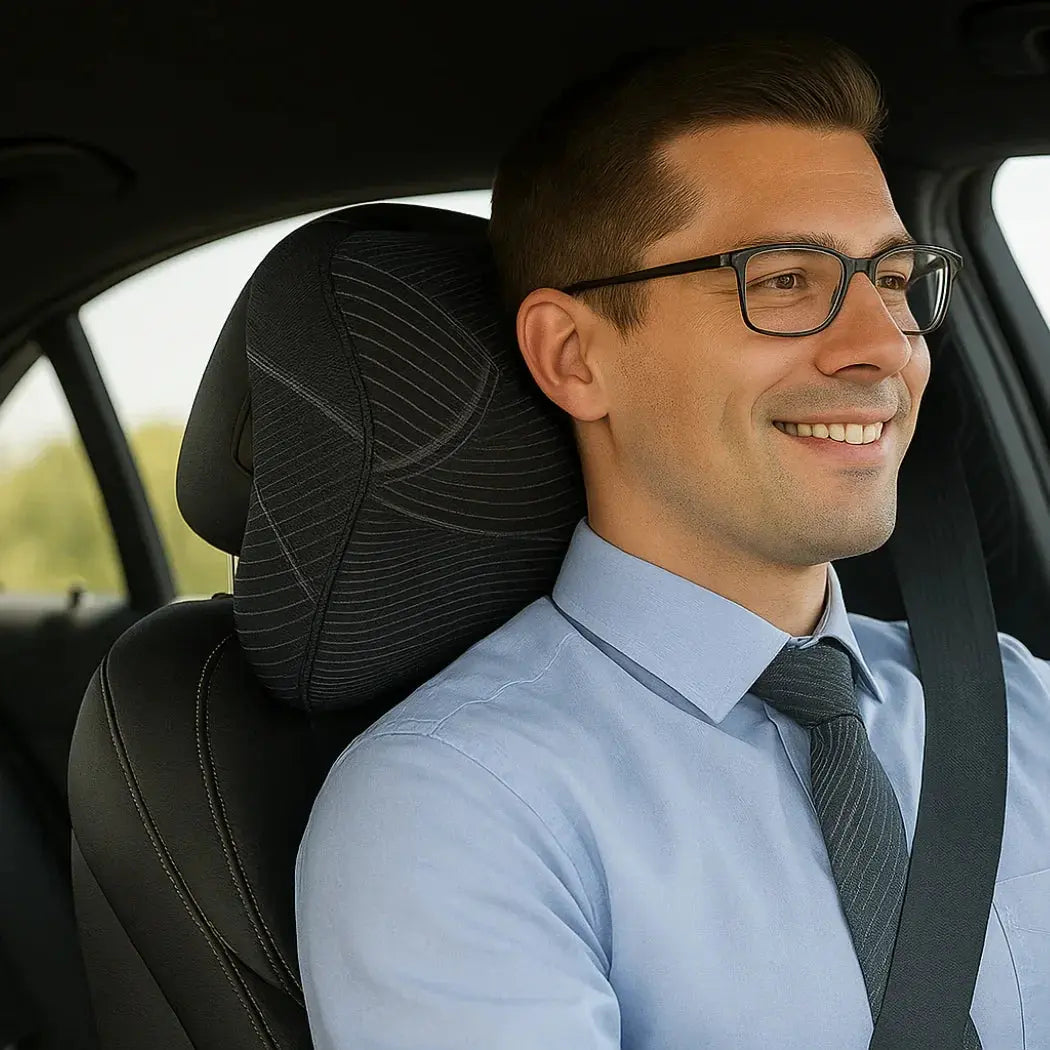 Man driving with ergonomic car headrest pillow for neck support and comfort