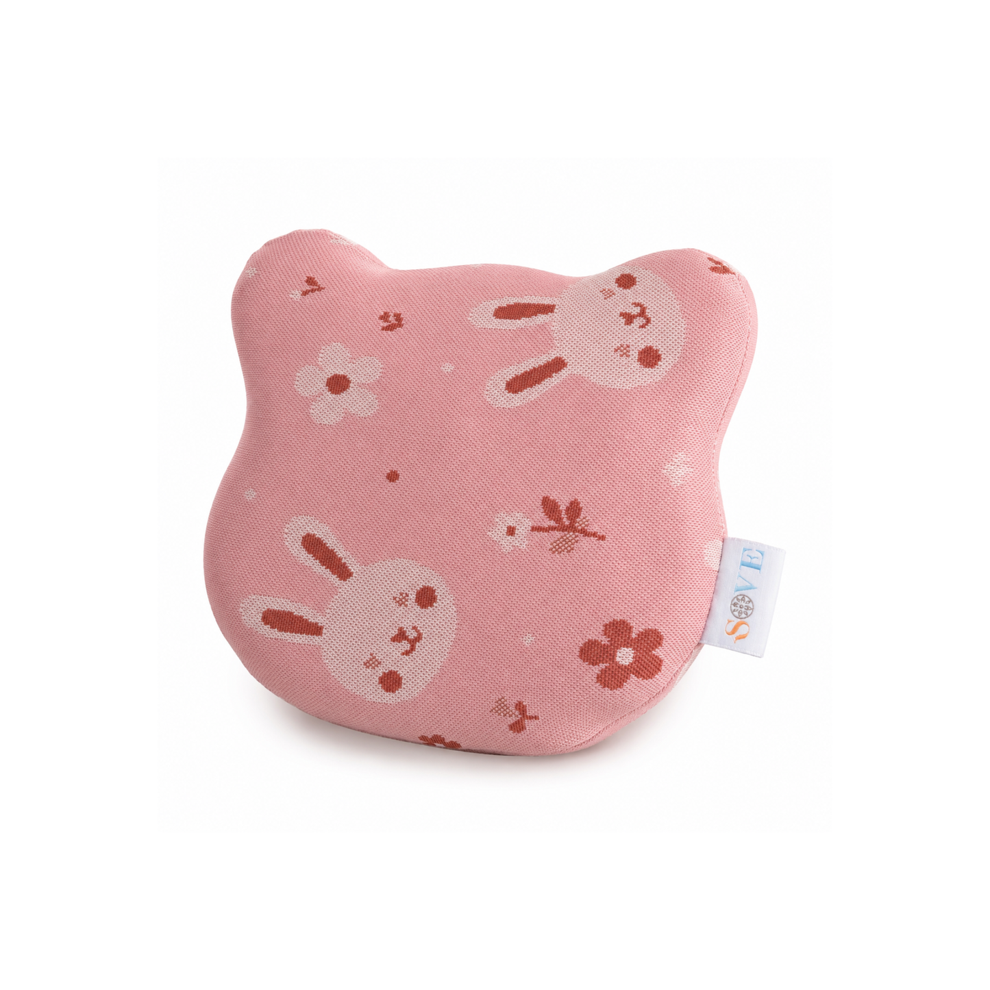 Baby smiling on Sove Pink Bunny and Floral memory foam head shaping pillow