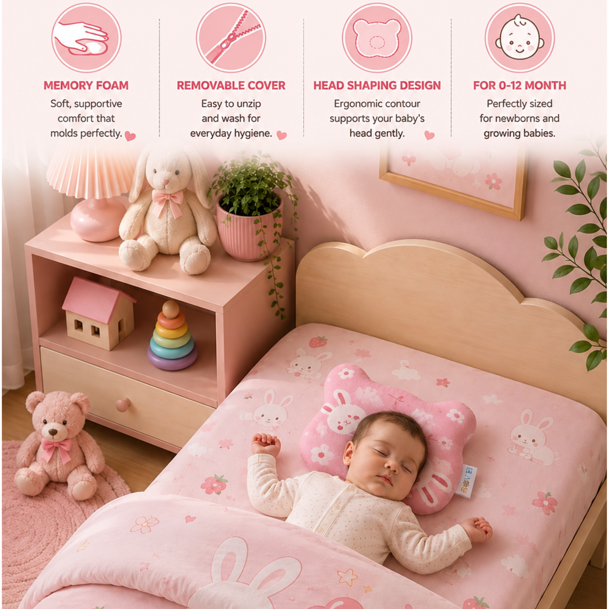Sove baby head shaping pillow removable and washable 3-layer cover, Pink Bunny print