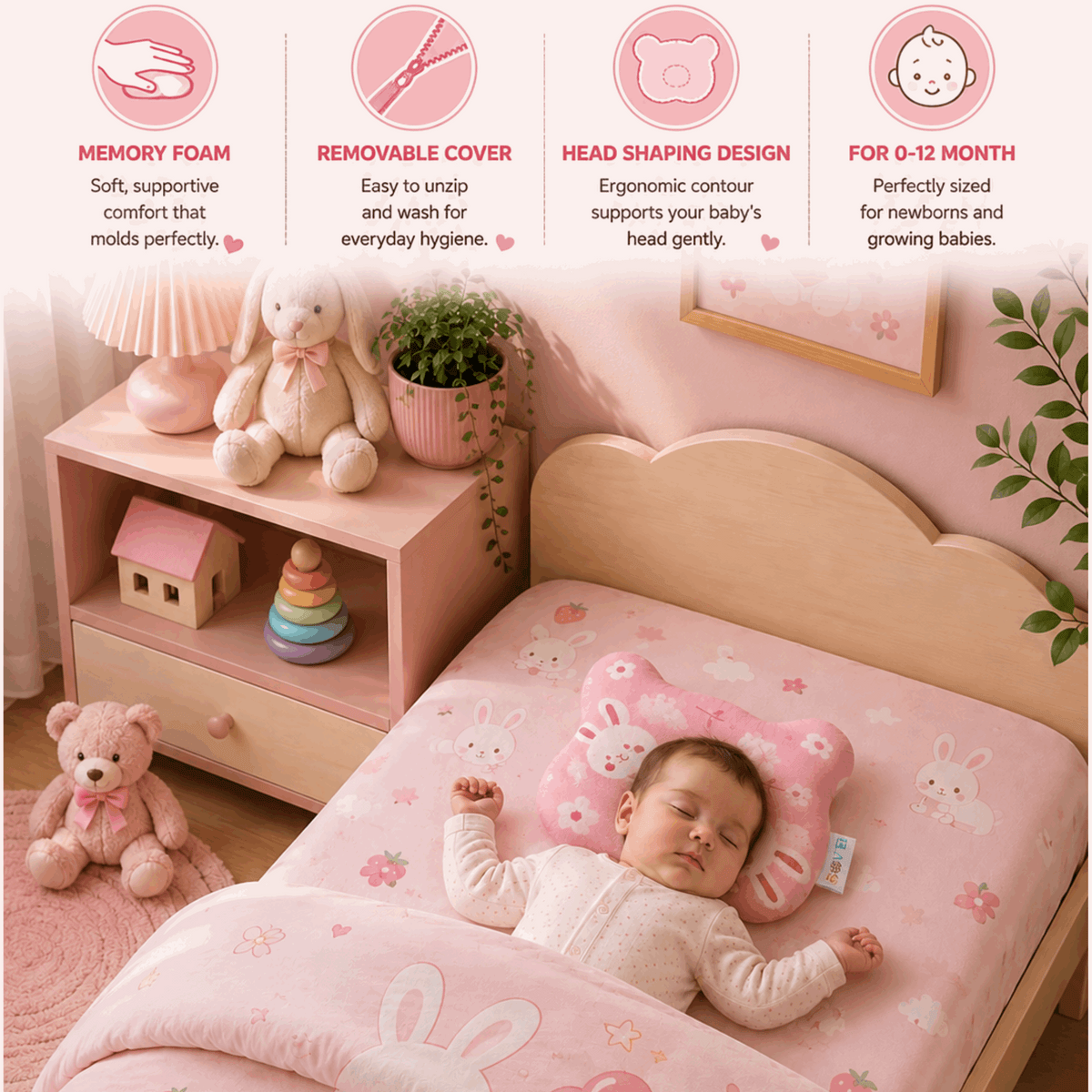 Sove baby head shaping pillow removable and washable 3-layer cover, Pink Bunny print