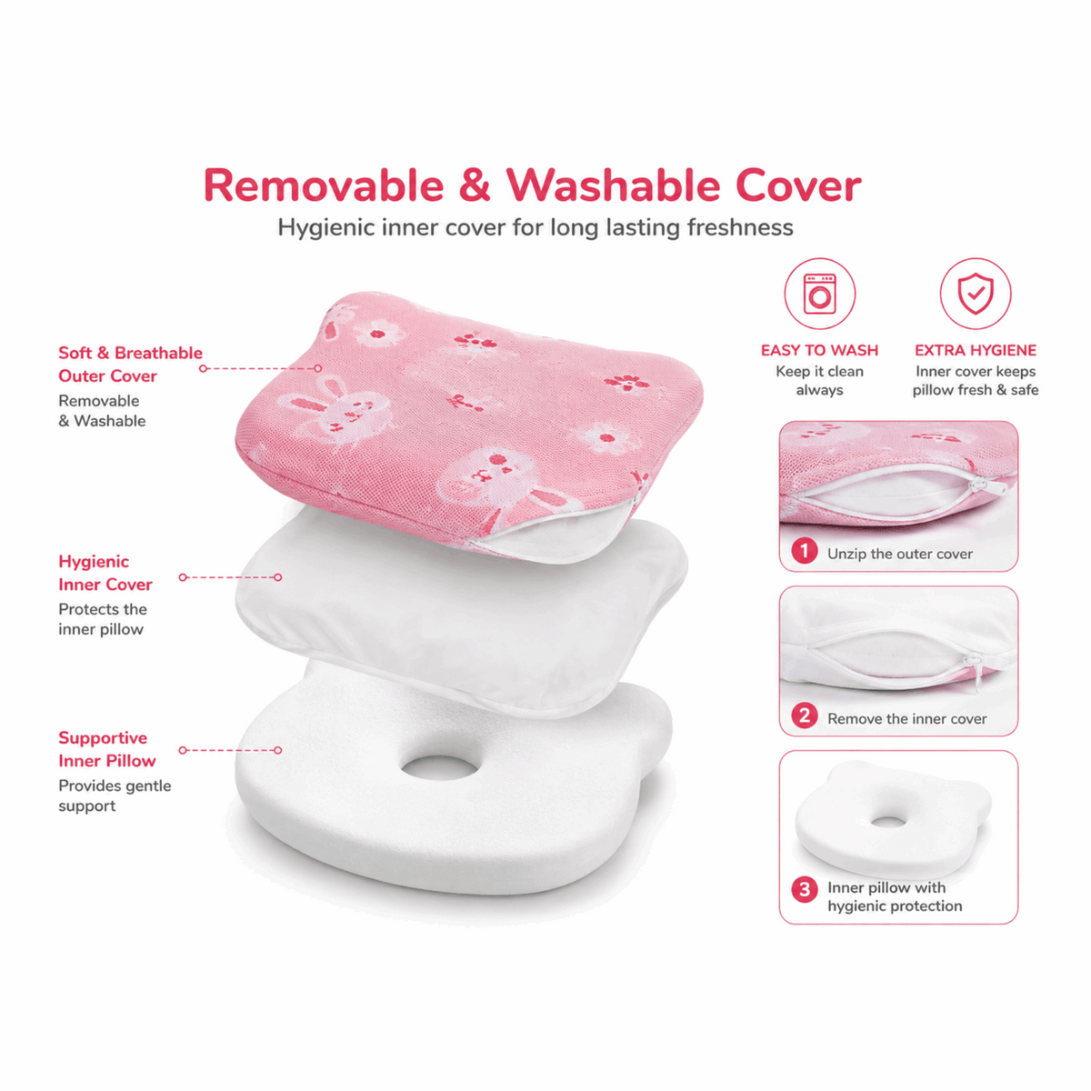 Little Pillow Big Comfort - Sove Pink Bunny baby head shaping pillow front view
