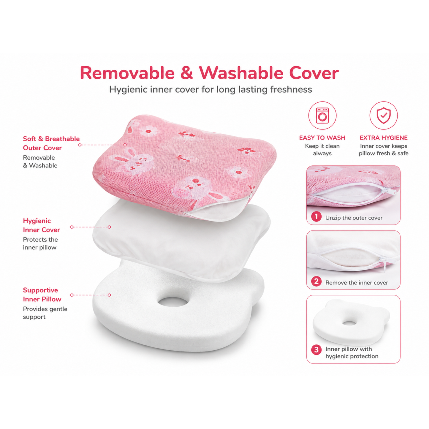 Little Pillow Big Comfort - Sove Pink Bunny baby head shaping pillow front view