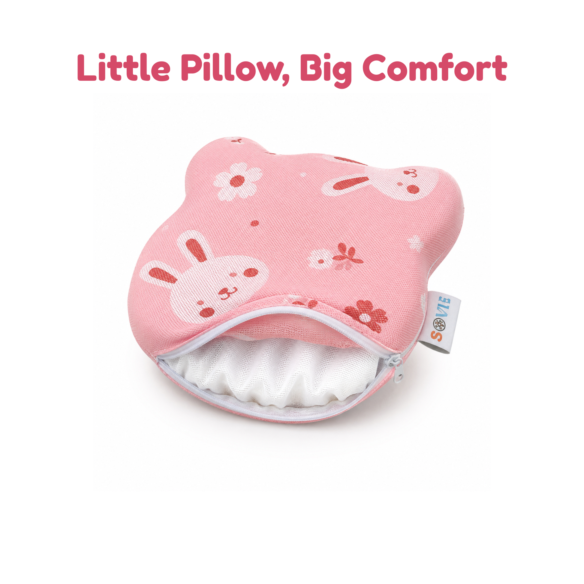 Sove Pink Bunny baby head shaping pillow lifestyle photo on nursery bed
