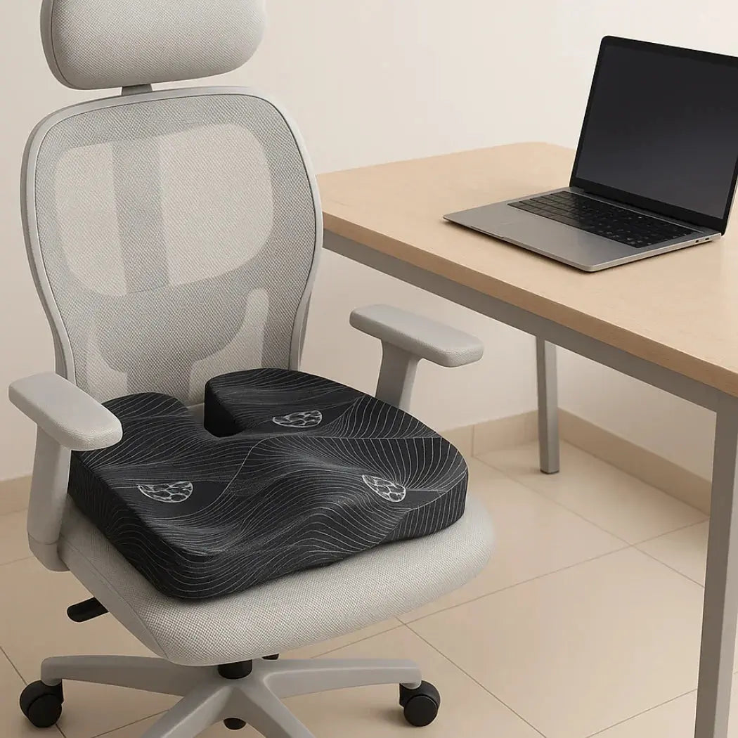 Ergonomic memory foam seat cushion on office chair beside desk with laptop