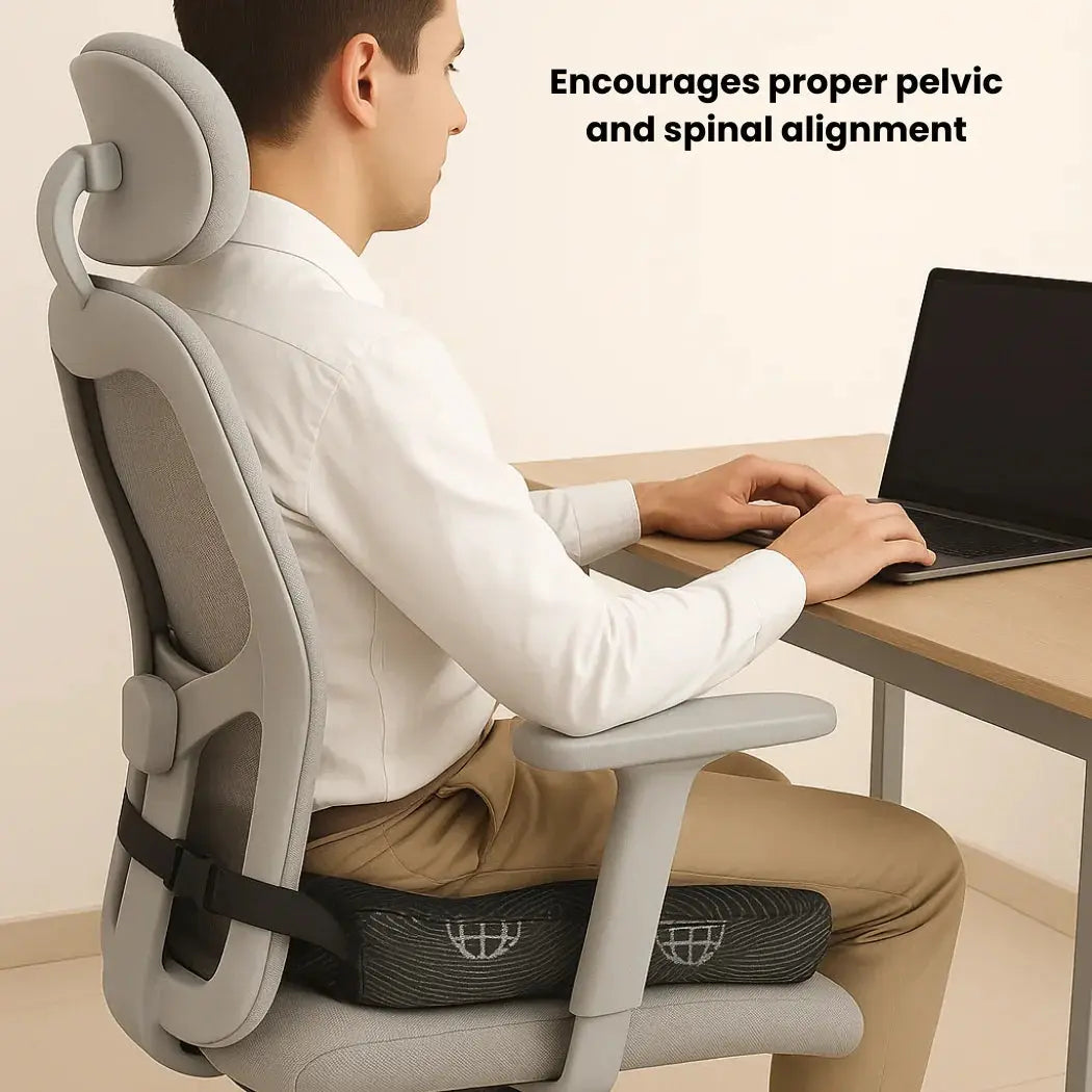Ergonomic memory foam seat cushion on office chair for posture and spinal alignment support