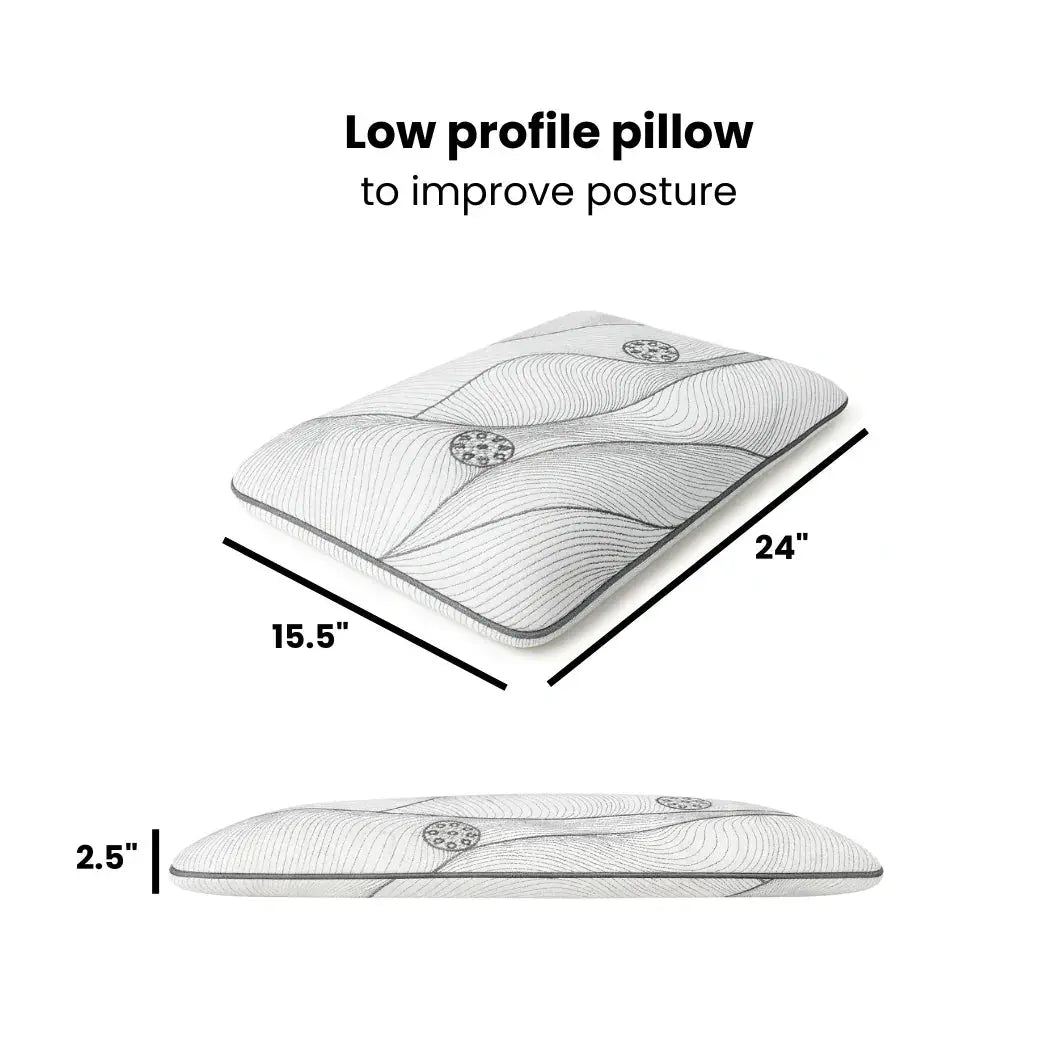 Ultra thin low-profile ergonomic pillow with patterned cover, dimensions 24x15.5x2.5 inches